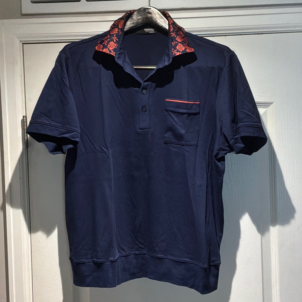 Murano Navy Polo with Red Floral Accents